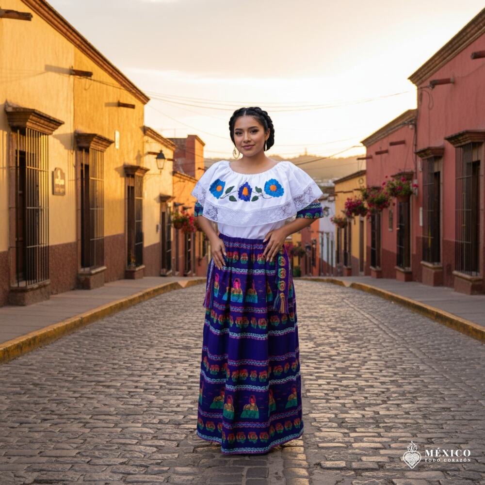 Traditional Mexican Floral Cambaya Dress Set – Handmade Three-Pieces